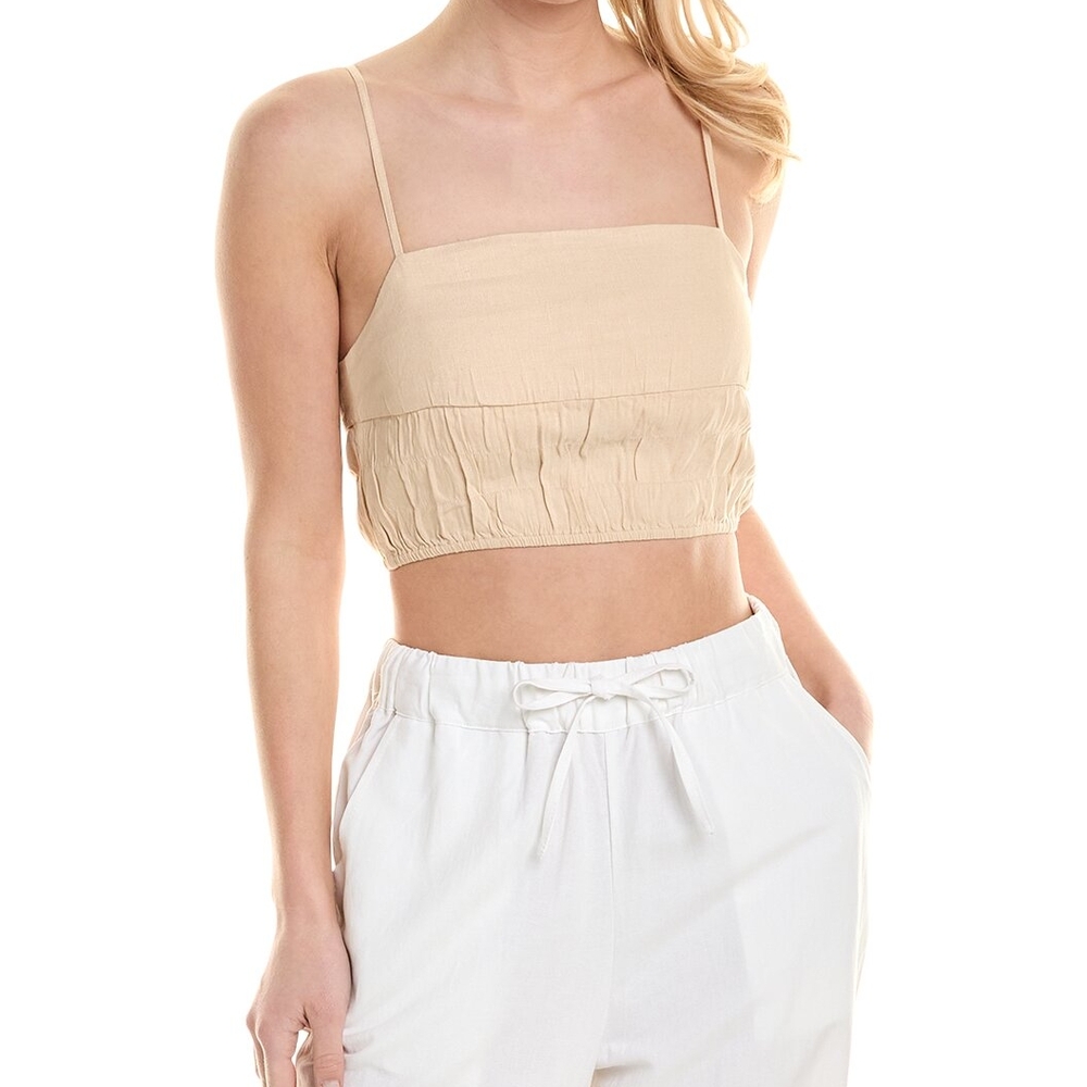 Onia Air Linen Smocked Tank Sand Cream Large Women's Crop Top